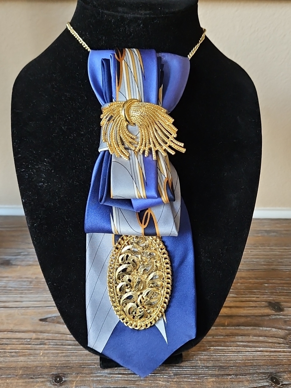 Farentino Ferre Upcycled Silk Necktie Necklace with Gold Ornate Accents